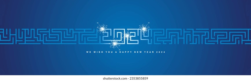 Happy New Year 2024 eve sparkle firework cyberspace abstract high technology modern 2024 typography with continuous labirinth mystic pattern on blue background