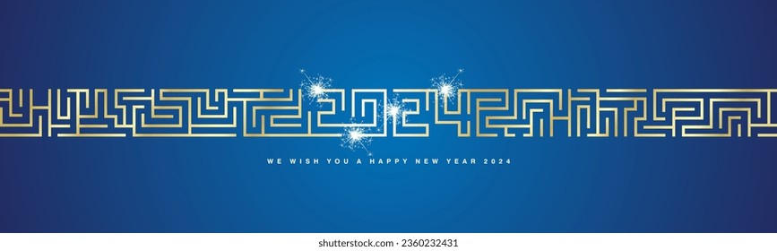Happy New Year 2024 eve sparkle firework cyberspace abstract high technology modern 2024 typography with continous labirinth mystic golden pattern on blue background