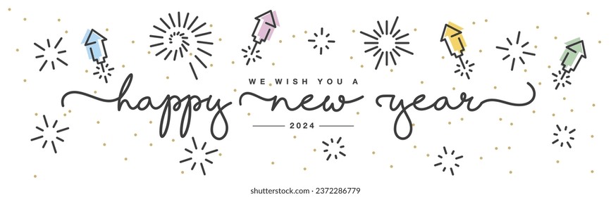 Happy new year 2024 eve line design handwritten typography lettering. 2024 celebration with big fireworks and confetti on a white background