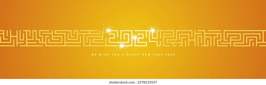 Happy New Year 2024 eve sparkle firework cyberspace abstract high technology modern 2024 typography with continous labirinth mystic pattern on orange yellow background