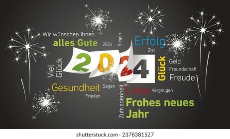 Happy New Year 2024 eve colorful white German word cloud text with green yellow red black 2024 calendar pages and light sparkle firework black background vector