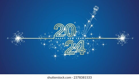 Happy New Year 2024 eve golden triple line design loading sparkle firework champagne open white blue vector wallpaper greeting card