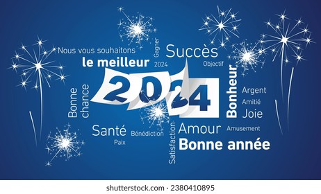 Happy New Year 2024 eve white French word cloud text with blue white 2024 calendar pages and light sparkle firework blue background vector