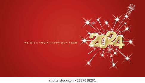 Happy New Year 2024 eve modern design with light big explosion of double stars and champagne sparkle firework. Reflection shape from golden white to red for 2024. New Year 2024 on red greeting card