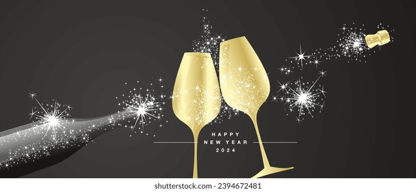 Happy New Year 2024 eve white firework shape golden glasses with sparkler firework wine open champagne bottle black background greeting card