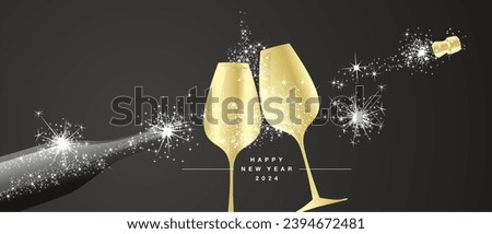 Happy New Year 2024 eve white firework shape golden glasses with sparkler firework wine open champagne bottle black background greeting card