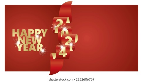 Happy New Year 2024 event concept design template with sparkle firework. Year 2024 written vertically on golden red wavy ribbon. Premium vector design for poster, banner, greeting card