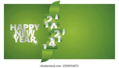 Happy New Year 2024 event calendar concept design template with sparkle firework. Year 2024 written vertically on silver lucky green wavy ribbon. Premium vector design for poster, banner, greeting car