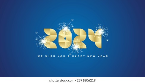 Happy New Year 2024 event modern rounded elements shining light gold abstract lettering. Typography composed of quarter circles with sparkle firework. 2024 logo icon on blue background