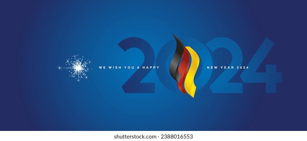 Happy new year 2024 event. Germany 3d flag ribbon flame over numbers of 2024 vector illustration on blue background
