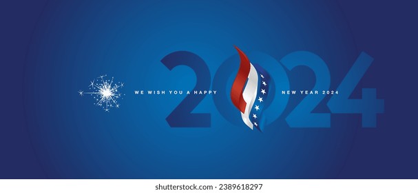 Happy new year 2024 event. USA 3d abstract flag ribbon flame over numbers of 2024 vector illustration on blue background