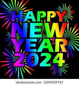 Happy new year 2024 event banner, bold text and number with rainbow decorations and fireworks on black background.