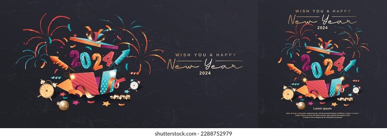 Happy new year 2024. Festive 2024 new year celebration with colorful and 3D numbers. Trendy and modern design for 2024 new year banner, flyer, greeting card and media post template