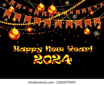 HAPPY NEW YEAR 2024. Festive silvester New Year s Eve Party background greeting card - Frame made of orange fireworks in the dark black night.