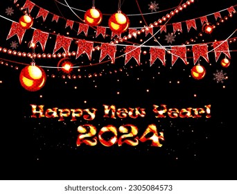 HAPPY NEW YEAR 2024. Festive silvester New Year s Eve Party background greeting card - Frame made of orange fireworks in the dark black night.