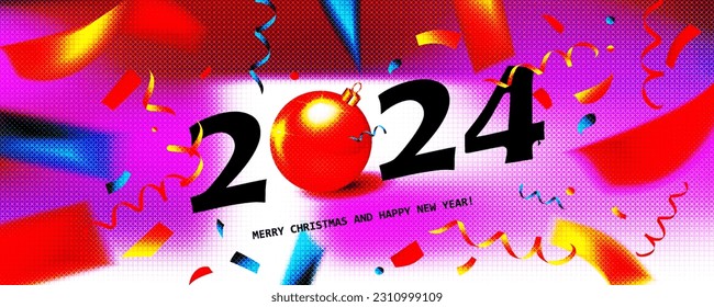 HAPPY NEW YEAR 2024. Festive silvester New Year's Eve Party background greeting card. Christmas Balls, fir branches and confetti. Vector illustration.