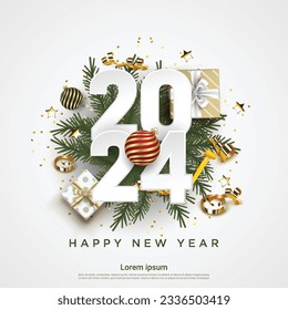 Happy New Year 2024. festive realistic decoration. Celebrate party 2024 on square white background