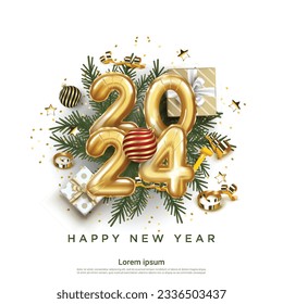 Happy New Year 2024. festive realistic decoration. Celebrate party 2024 on white background