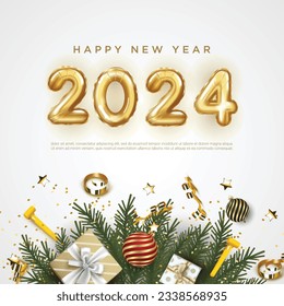 Happy New Year 2024. festive realistic balloon decoration. Celebrate party 2024 on white square background