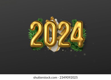 Happy New Year 2024. festive realistic decoration with 3D gold number and gold givebox for  Celebrate 2024 party, calender and poster