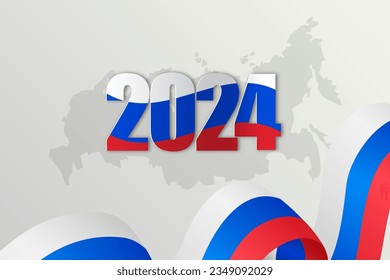 Happy New Year 2024. festive realistic decoration. Celebrate 2024 party on rusia country flag and maps.