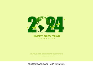 Happy New Year 2024. festive realistic decoration with go green background and earth, for Celebrate 2024 party and Poster