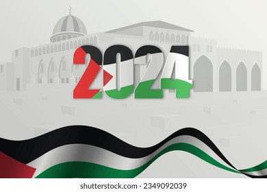 Happy New Year 2024. festive realistic decoration. Celebrate 2024 party on Palestine country flag and maps.