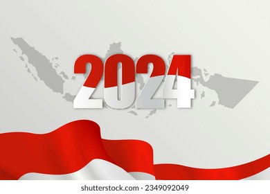 Happy New Year 2024. festive realistic decoration. Celebrate 2024 party on Indonesia country flag and maps.