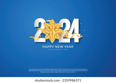 Feliz Año Nuevo 2024. decoración festiva y realista. Celebrar la fiesta 2024 con fondo azul