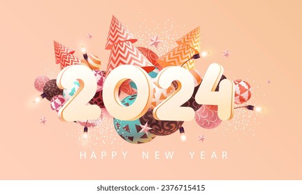 Happy New year 2024. Festive greeting card design with 3D white numbers and color christmas decoration. Realistic vector banner.