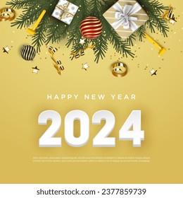 Happy New Year 2024. festive realistic decoration. Celebrate party with 3d number 2024 on square background