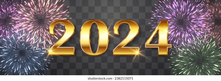 Happy New Year 2024 festive fireworks with brightly shining sparks. New Year's Eve fireworks. Realistic sparks and explosions. Colorful pyrotechnics show. Vector isolated on png background