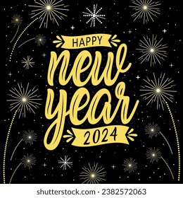 Happy new year 2024 with festive. Lettering Composition With Stars And Sparkles. Vector Illustration. dark background. holyday decorative elements. congratulation