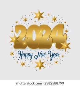 Happy New Year 2024. Festive holyday decorative elements handwritten lettering typography line design sparkle firework gold white blue year 2023 background