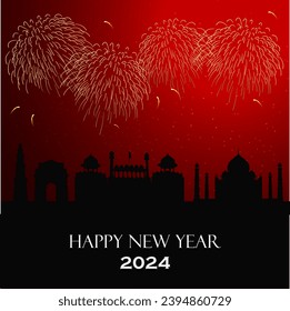 Happy new year 2024 with festive fireworks explosionson red dark background