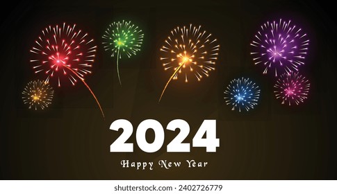 happy new year 2024 fireworks at dark night vector poster