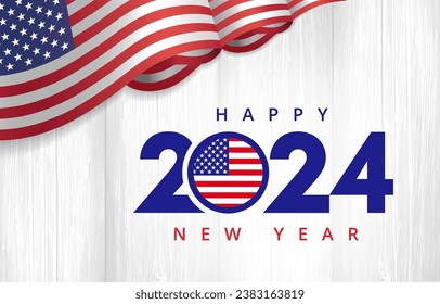 Happy New Year 2024 with flag USA on gray wooden boards. Holiday design with 3d flag on wooden grunge planks for social media. Vector illustration