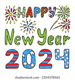 Happy New Year 2024 flat card. Hand drawn line art illustration.