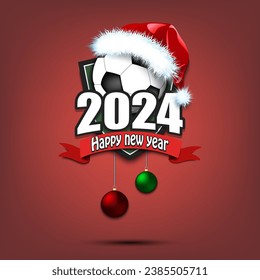 Happy new year 2024. Football logo template design. Soccer ball in santa hat. Design pattern for greeting card, banner, poster. Vector illustration on isolated background