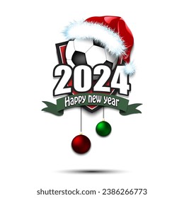 Happy new year 2024. Football logo template design. Soccer ball in santa hat. Design pattern for greeting card, banner, poster. Vector illustration on isolated background