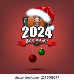 Happy new year 2024. Football logo template design. Football ball in santa hat. Design pattern for greeting card, banner, poster. Vector illustration on isolated background