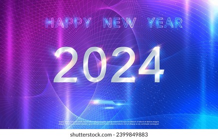 Happy New Year 2024 futuristic technology and science background with connected particle lines.Glowing neon 2024 sign with shiny abstract energy wave and sparkles. Technology future data. Vector EPS10