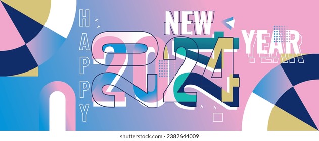 happy new year 2024. geometric banner template with colorful logo 2024 pink, white, dark blue, turquoise. modern style