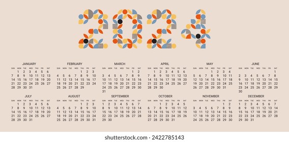 Happy New Year 2024 geometric template calendar. Colorful background for greeting card, cover, banner, poster. Holiday premium vector concept. Week Starts on Monday.