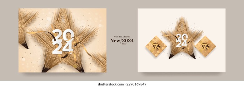 Happy new year 2024 with gold star pine background. 2024 new year greeting card concept