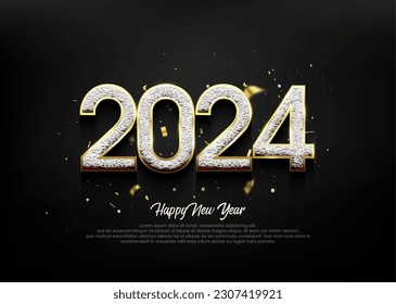 Happy new year 2024, with gold numbers 3d metallic vector background.