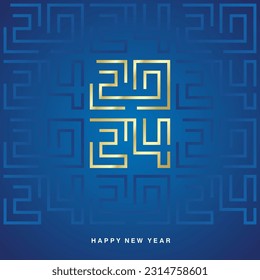 Happy New Year 2024 gold white cyberspace high tech year 2024 typography greek mystic ornament abstract pattern on blue background