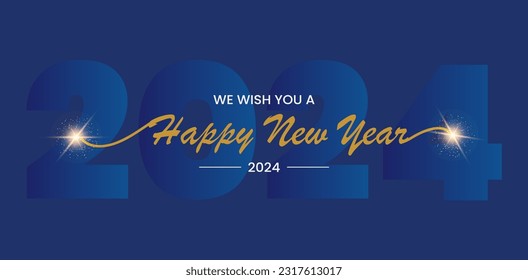 Happy New Year 2024 gold handwritten typography light glitter fireworks and blue 2024 background wallpaper banner
