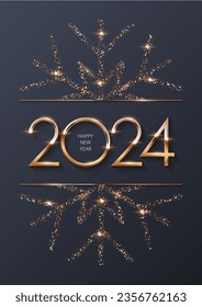 Happy New Year 2024 with gold frame and snowflake. Shining with sparkles numbers and border Merry Christmas card on grey background. Greeting festive vector illustration. Holiday modern poster.