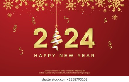 Happy new year 2024. with gold decoration on red background. happy 2024 new year